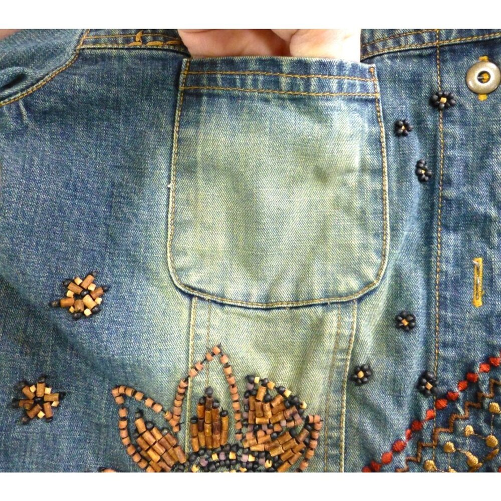 Chicos Design Embellished Denim Jacket Beaded Floral Embroidery Button Front Wom - Picture 10 of 15